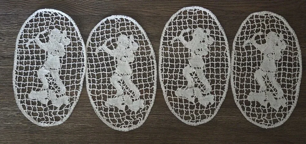 4 Antique Figural Needle Lace Doilys Inserts Applique Table Decoration Oval